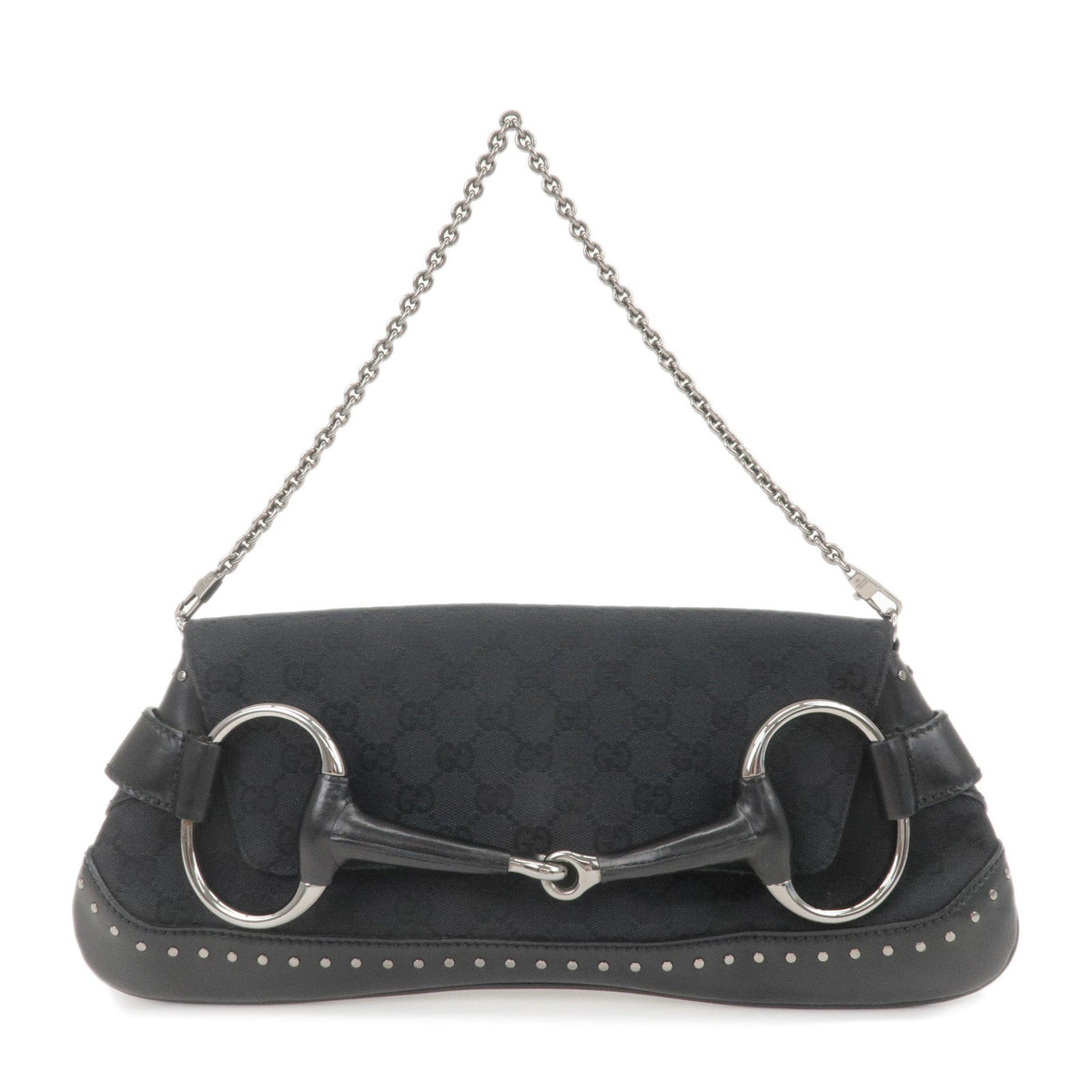GUCCI Horsebit GG Canvas Leather Chain Shoulder Bag Black 119188