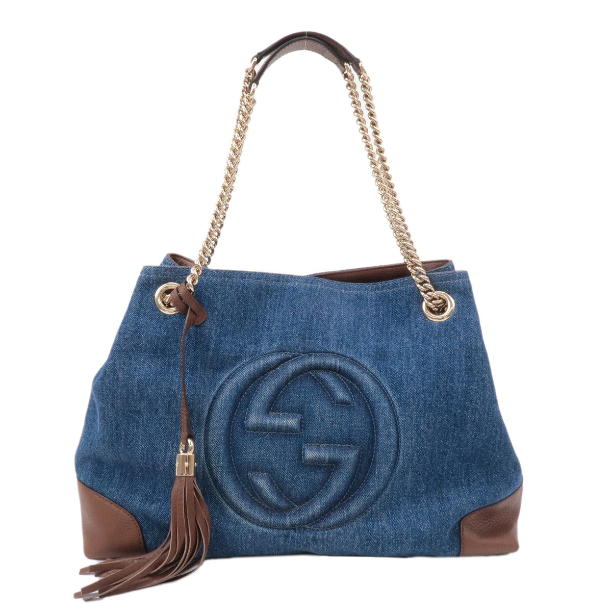 GUCCI SOHO Denim Leather Chain Shoulder Bag Blue Brown 308982