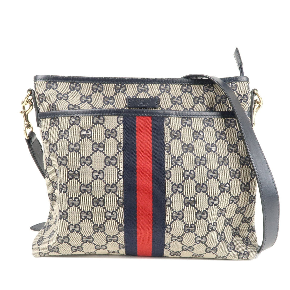 GUCCI Sherry GG Canvas Leather Shoulder Bag Beige Navy 388926