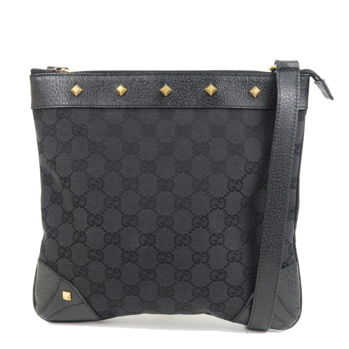 GUCCI GG Canvas Leather Studs Shoulder Bag Black 120893