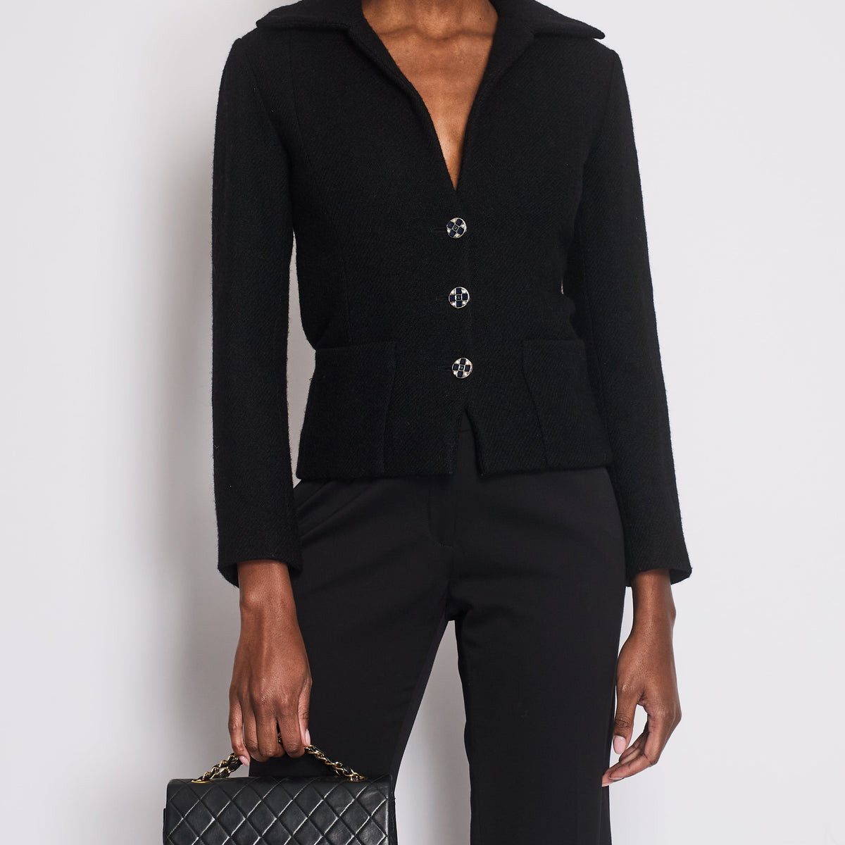 Chanel Black Wool Blazer with Silver and Blue Button Detail Size FR 34 (UK 6)