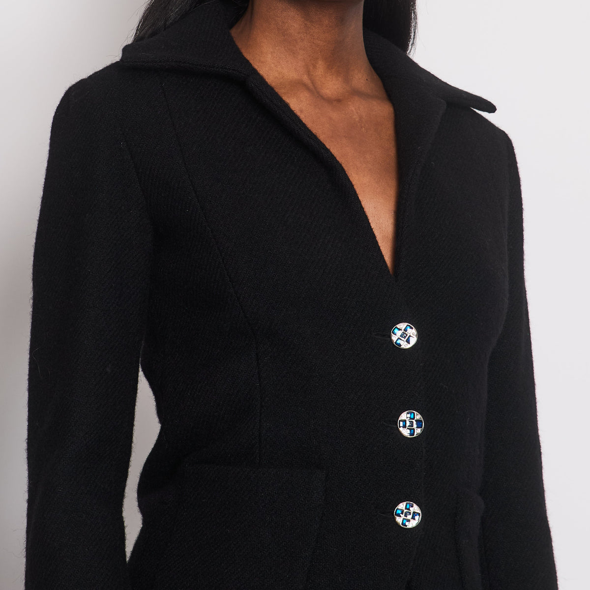 Chanel Black Wool Blazer with Silver and Blue Button Detail Size FR 34 (UK 6)