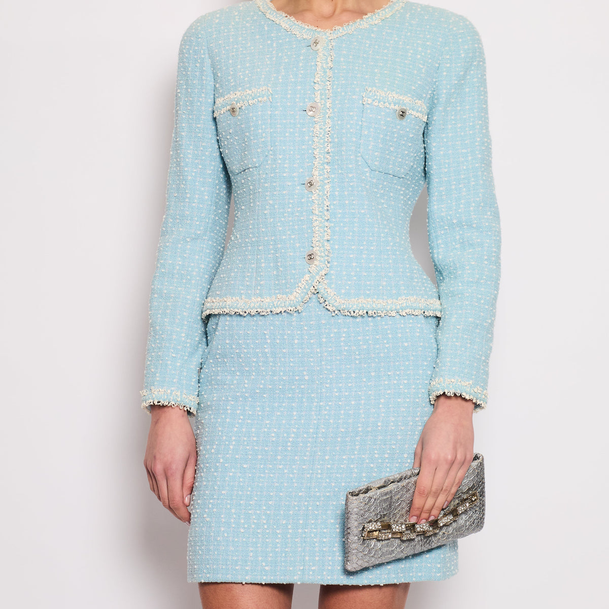 Chanel 97P Baby Blue & White Tweed Blazer and Mini Skirt Set with White Pearl CC Button Detail Size FR 40 (UK 12)