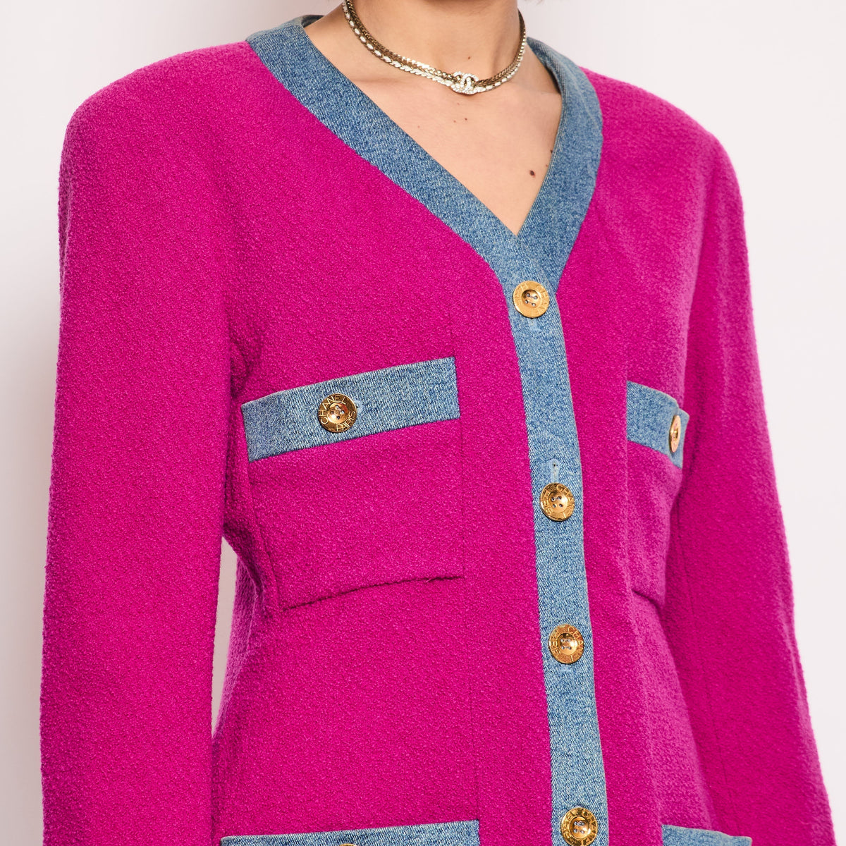 Chanel Fuchsia Pink Tweed Longline Blazer and Mini Skirt Set with Denim Trim & Gold Logo Button Detail Size FR 40 (UK 12)