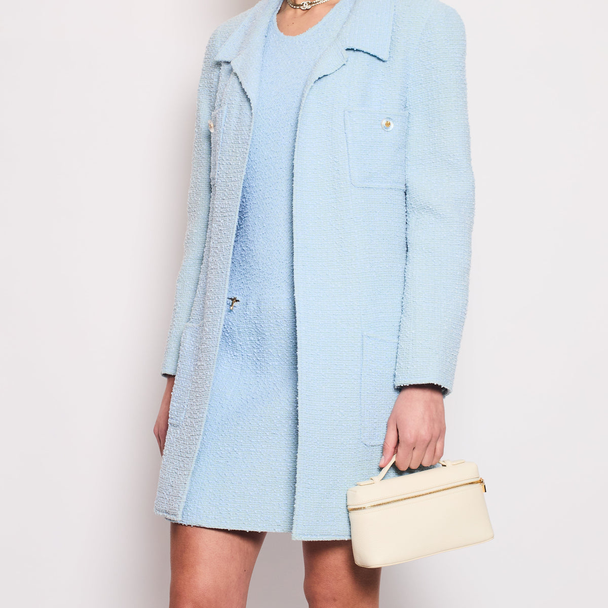Chanel 97C Light Blue Tweed Longline Blazer and Midi Dress Set with Perspex & Gold CC Button Detail Size FR 40 (UK 12)