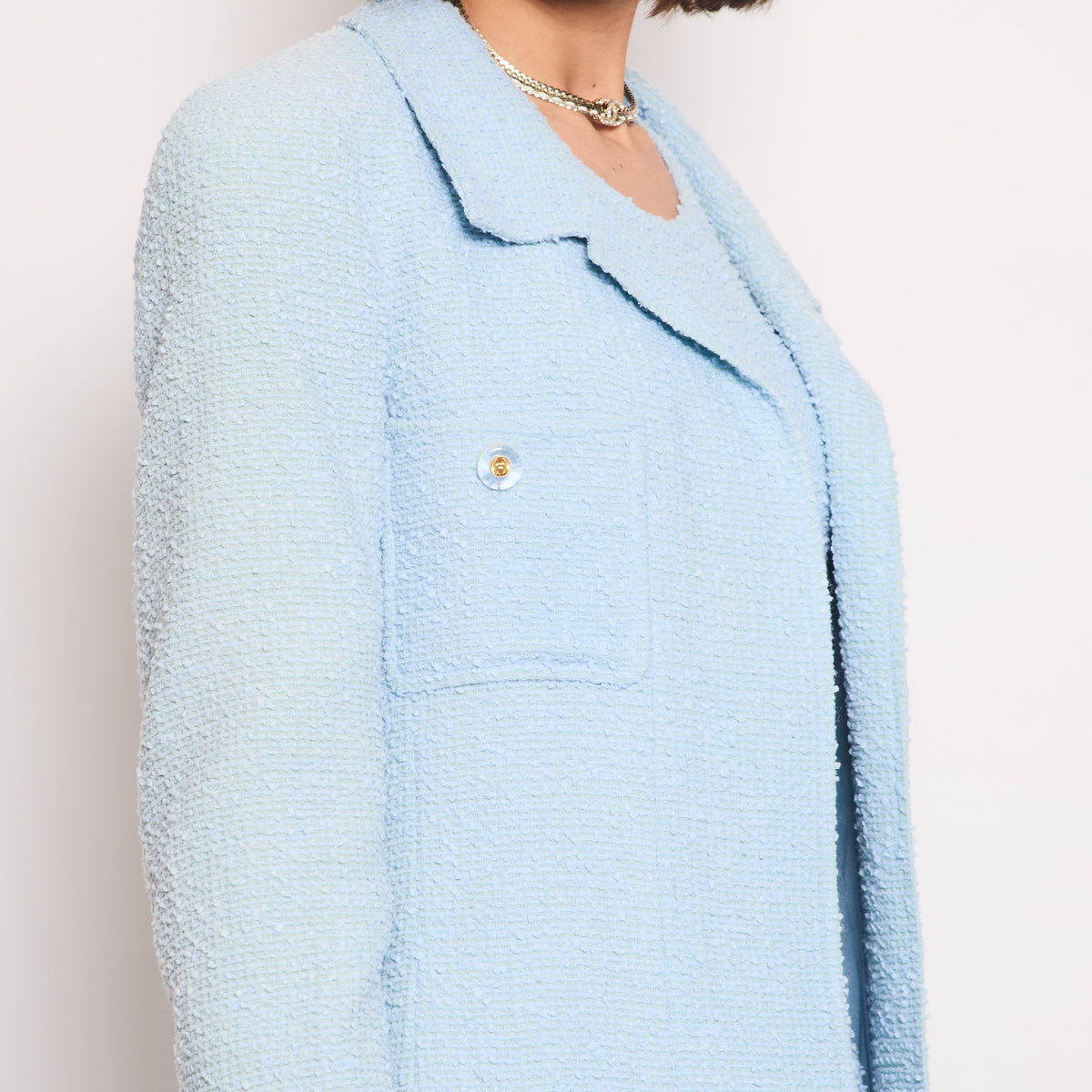 Chanel 97C Light Blue Tweed Longline Blazer and Midi Dress Set with Perspex & Gold CC Button Detail Size FR 40 (UK 12)