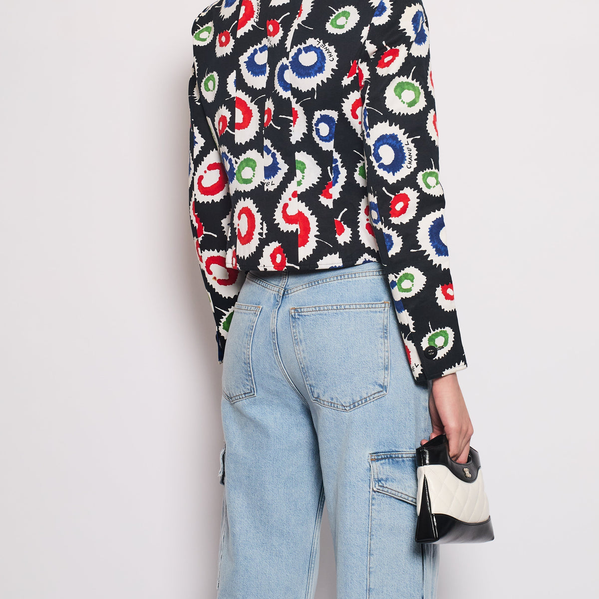 Chanel 97S Black Cropped Cotton Twill Jacket With Multi-Colour Abstract Print Detail FR 42 (UK 14)