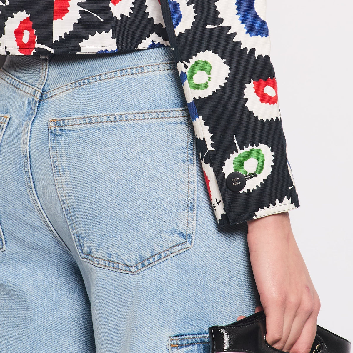 Chanel 97S Black Cropped Cotton Twill Jacket With Multi-Colour Abstract Print Detail FR 42 (UK 14)