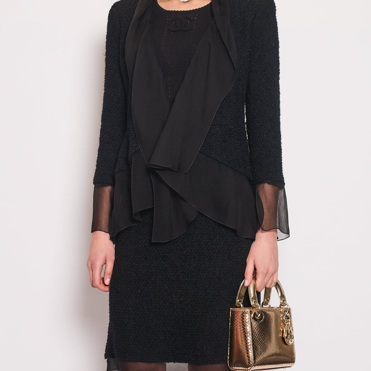 Chanel Black Tweed Jacket and Skirt Set with Silk Trim Details Size FR 36 (UK 8)