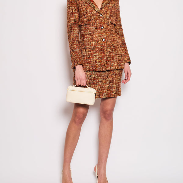 *HOT* Chanel 98A Vintage Burnt Orange & Multicolour Tweed Long Jacket and Skirt Set with Brown CC Logo Buttons Size FR 36 (UK 8)