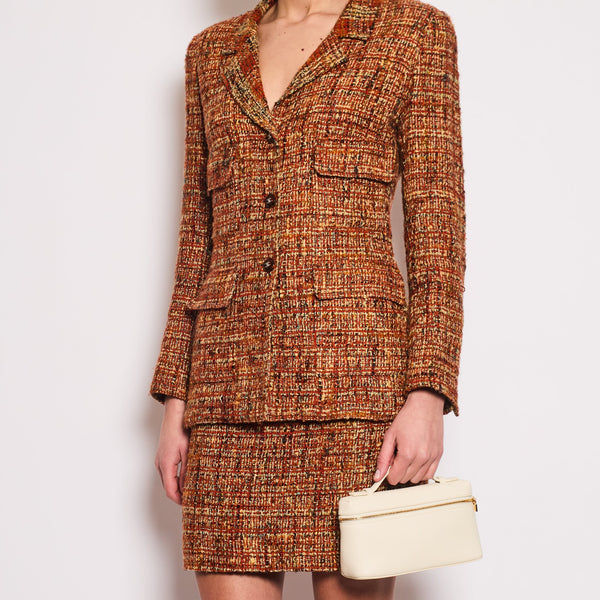 *HOT* Chanel 98A Vintage Burnt Orange & Multicolour Tweed Long Jacket and Skirt Set with Brown CC Logo Buttons Size FR 36 (UK 8)