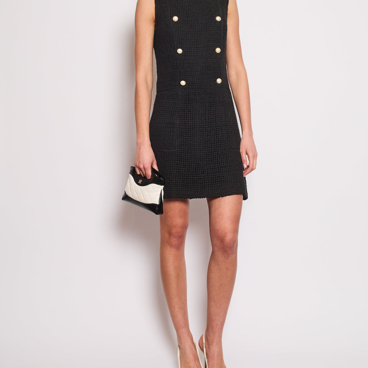 Chanel Black Knit Sleeveless Mini Dress with White Pearl Logo Details FR 40 (UK 12)