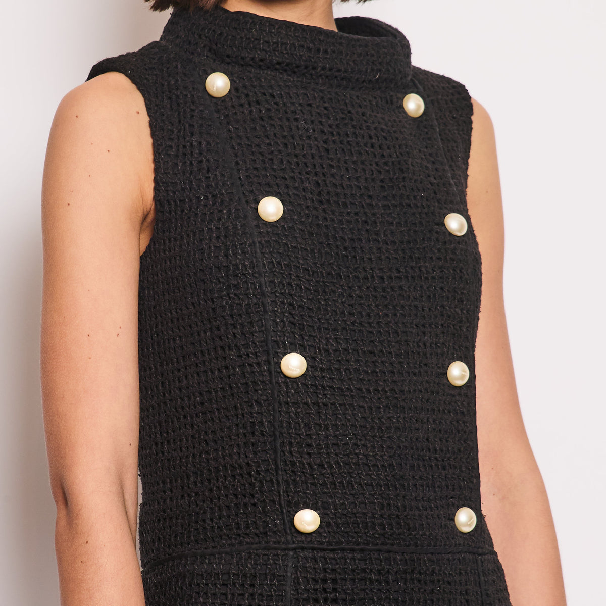 Chanel Black Knit Sleeveless Mini Dress with White Pearl Logo Details FR 40 (UK 12)