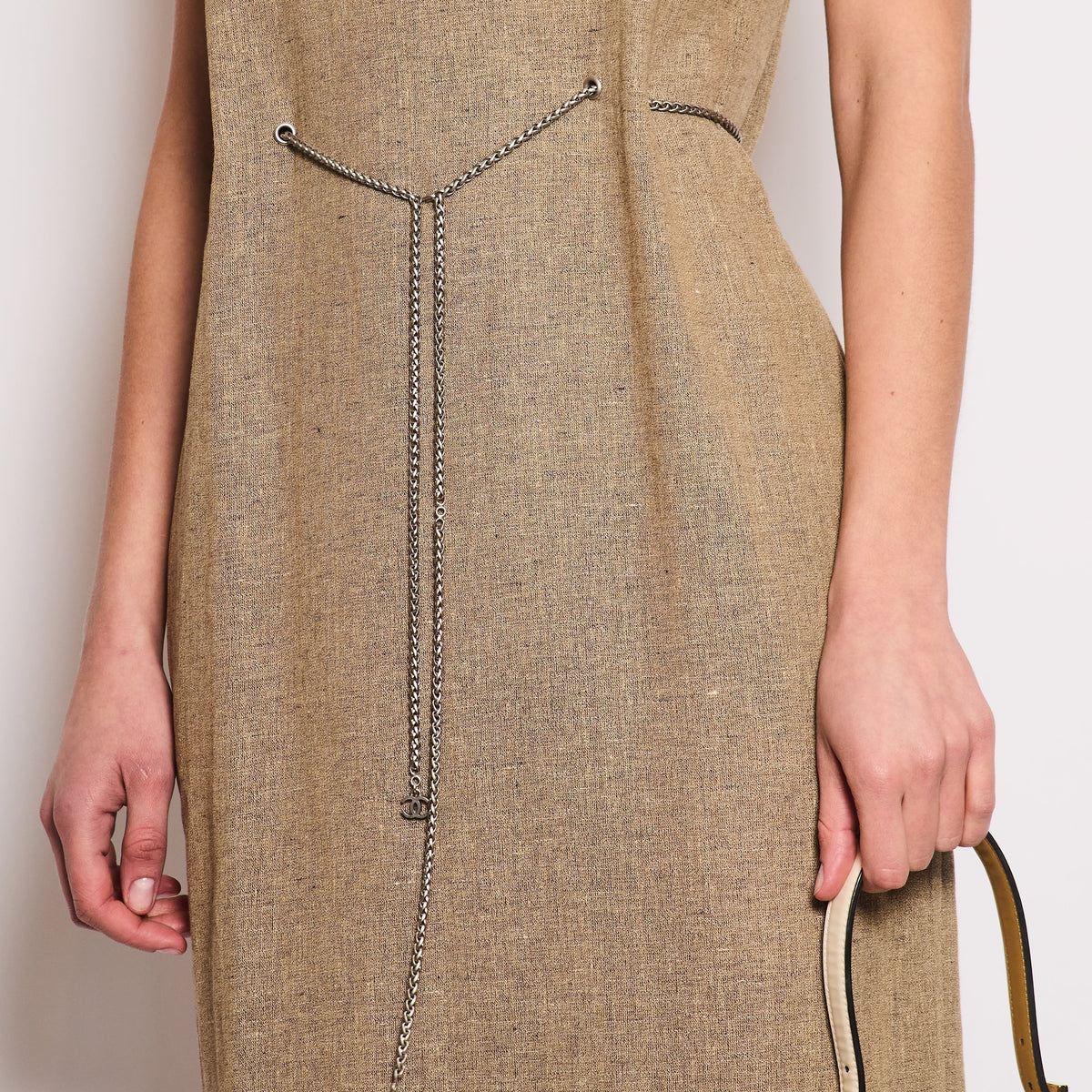 Chanel 08P Beige Sleeveless Linen Maxi Dress with Silver CC Logo Chain Detail FR 40 (UK 12)