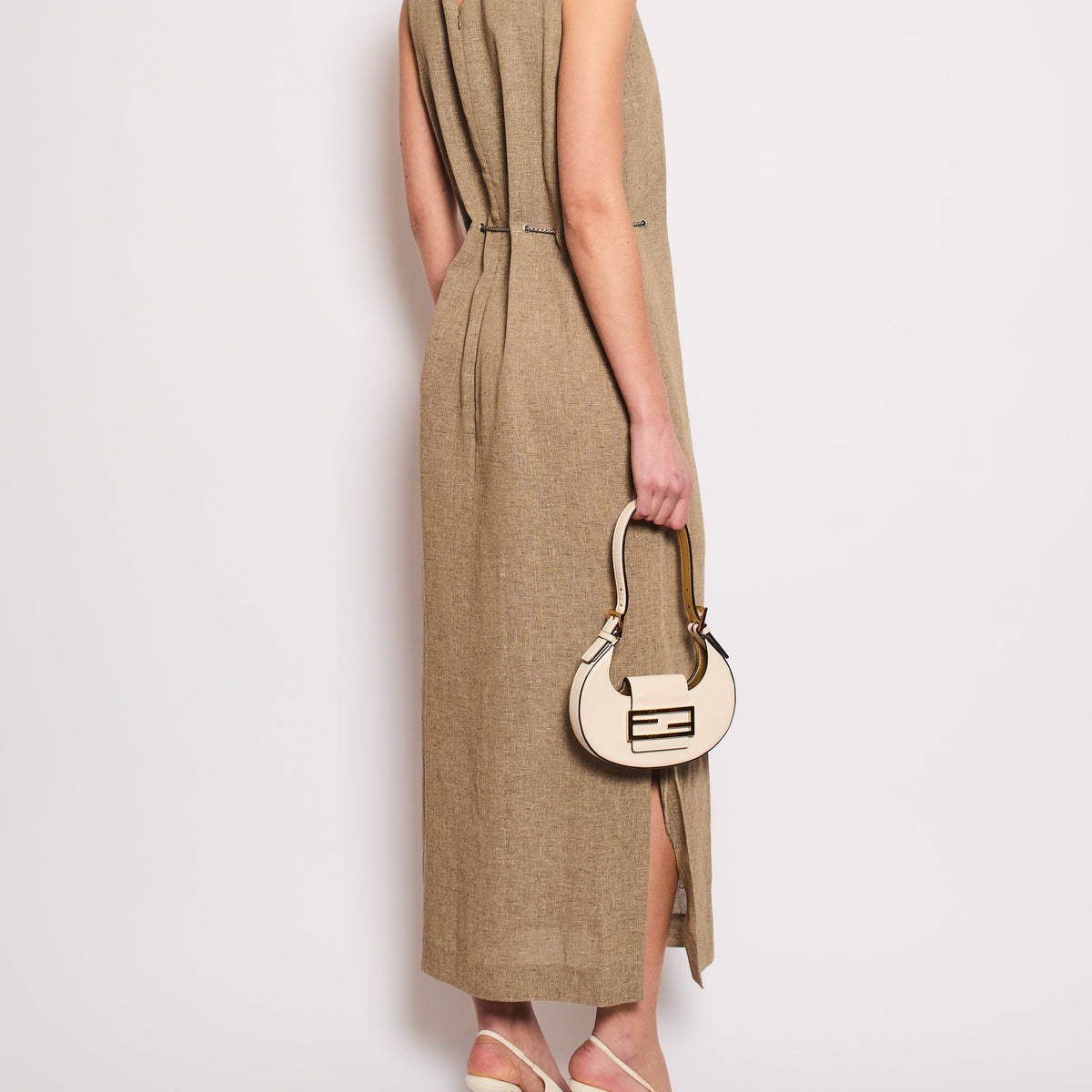 Chanel 08P Beige Sleeveless Linen Maxi Dress with Silver CC Logo Chain Detail FR 40 (UK 12)