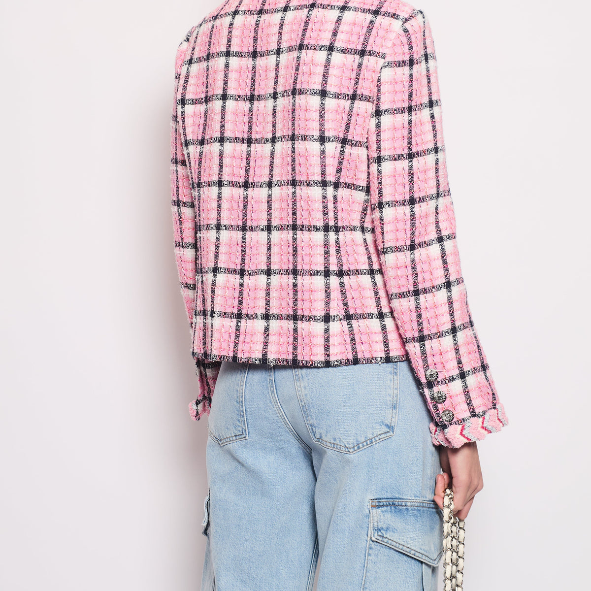Chanel 24/S Pink Checkered Tweed Jacket with CC Diamante Buttons Size FR 40 UK 12)