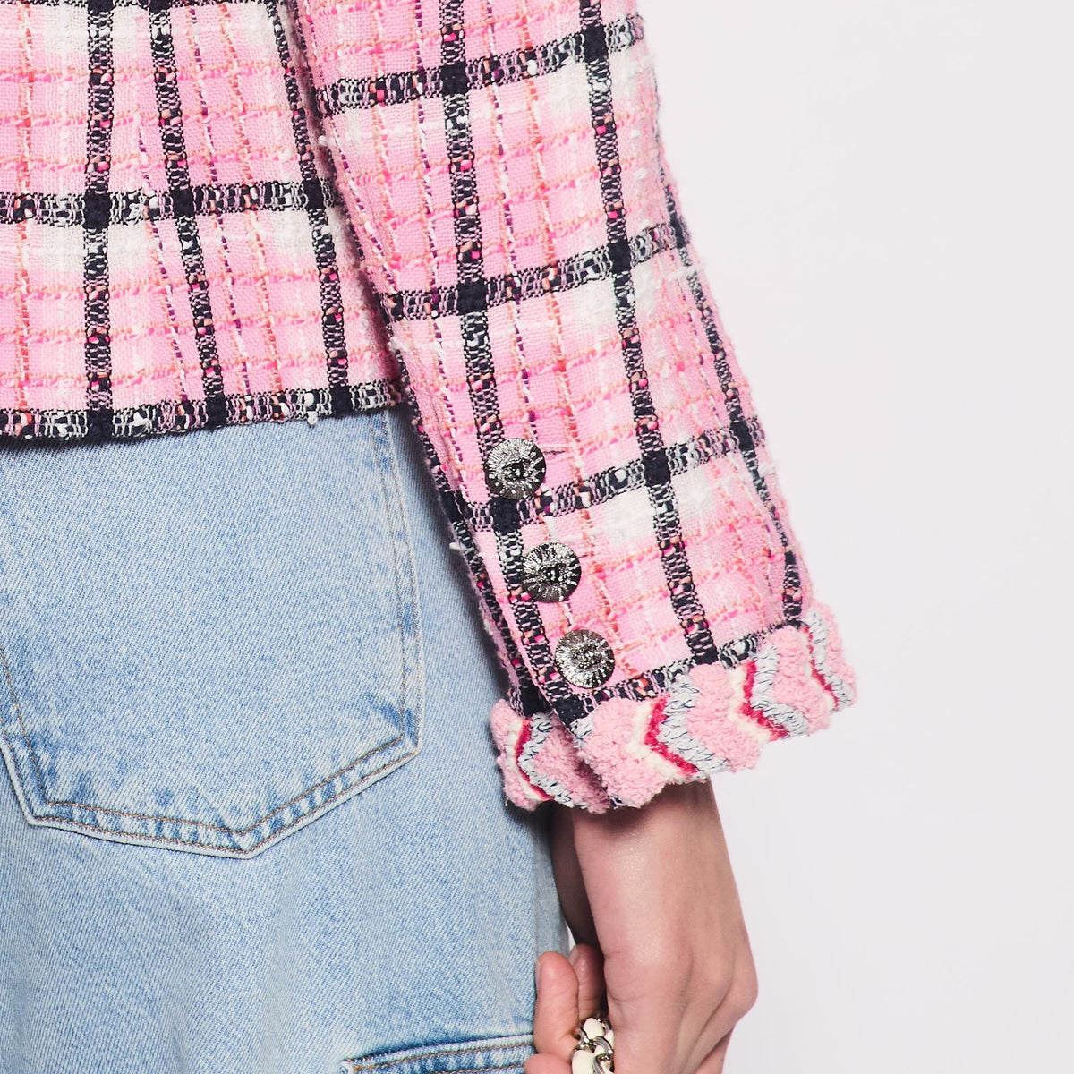 Chanel 24/S Pink Checkered Tweed Jacket with CC Diamante Buttons Size FR 40 UK 12)
