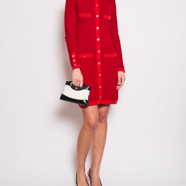 *HOT* Chanel Red Long Sleeve Knit Mini Dress with Multi Icon Logo Button Details FR 38 (UK 10)