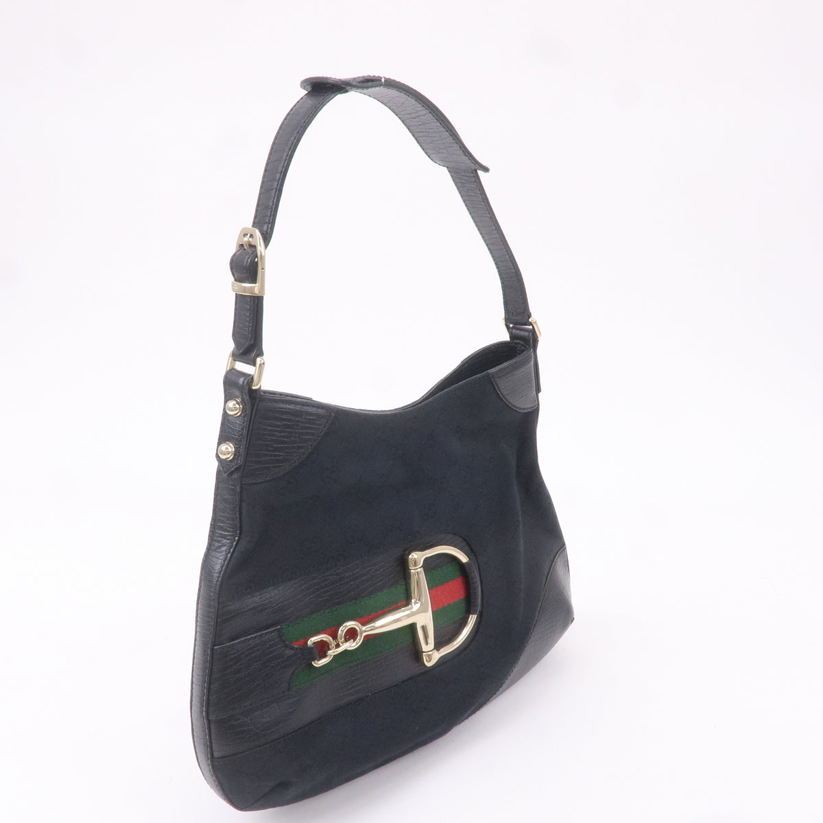 GUCCI Horsebit GG Canvas Leather Shoulder Bag Black 137388
