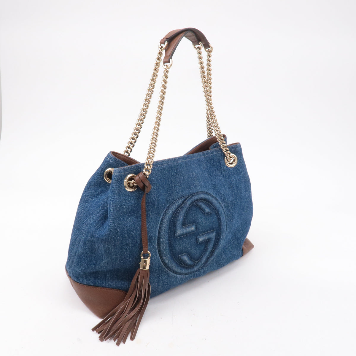 GUCCI SOHO Denim Leather Chain Shoulder Bag Blue Brown 308982