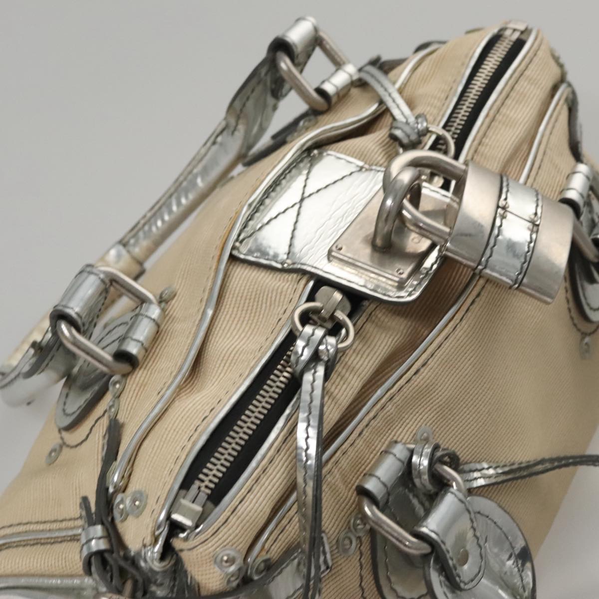 Chloe Paddington Hand Bag Canvas Leather Beige Silver 105762
