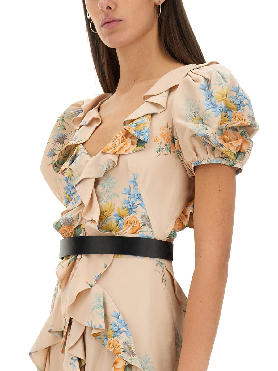Alexander Mcqueen Women Floral Print Ruched Silk Dress
