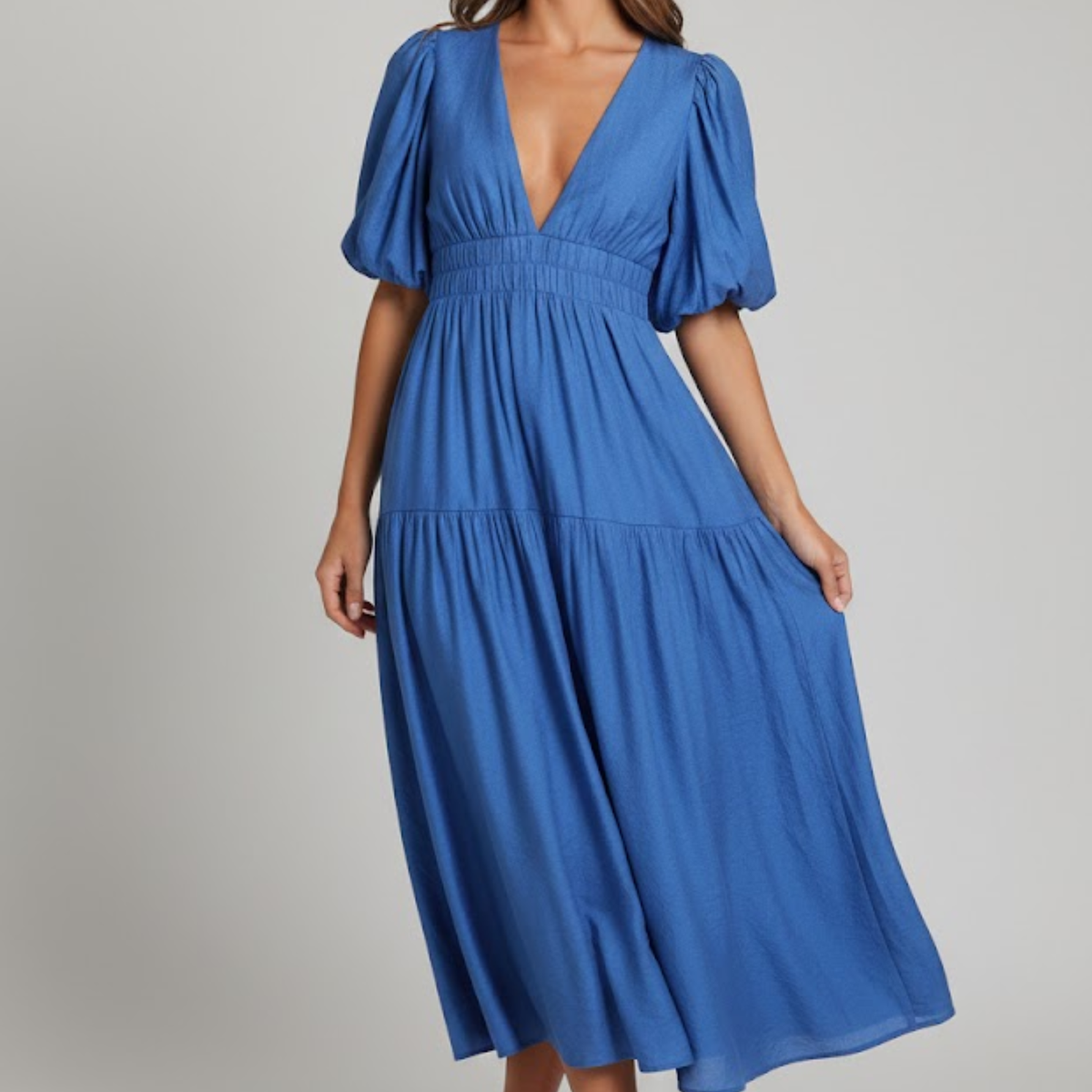 Indie | Midi Dress with V-Neck and Puff Sleeves