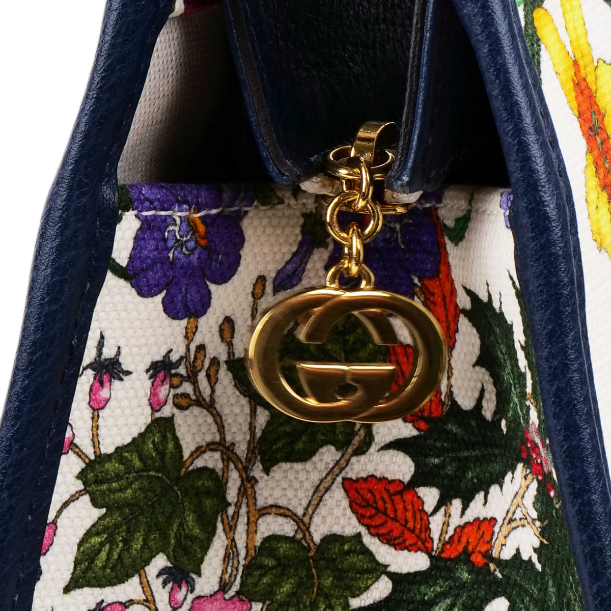 Gucci Floral Canvas Tote with Blue Leather Trim.