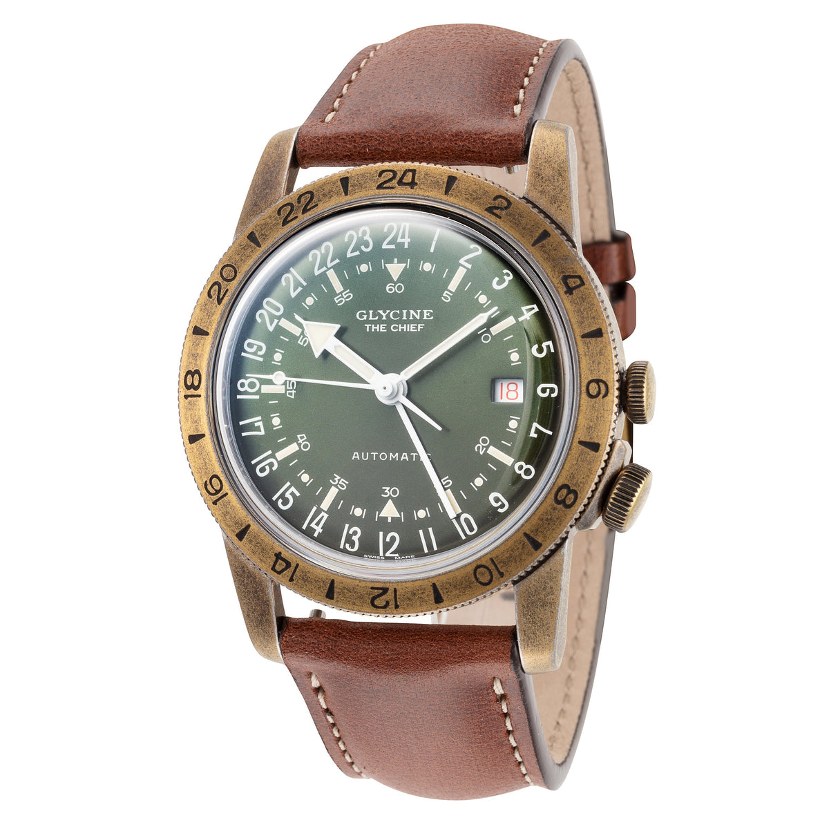 Glycine Men's Airman The Chief GL0307 40mm Green Dial Leather Watch