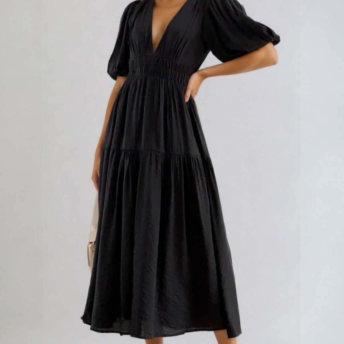 Indie | Midi Dress with V-Neck and Puff Sleeves