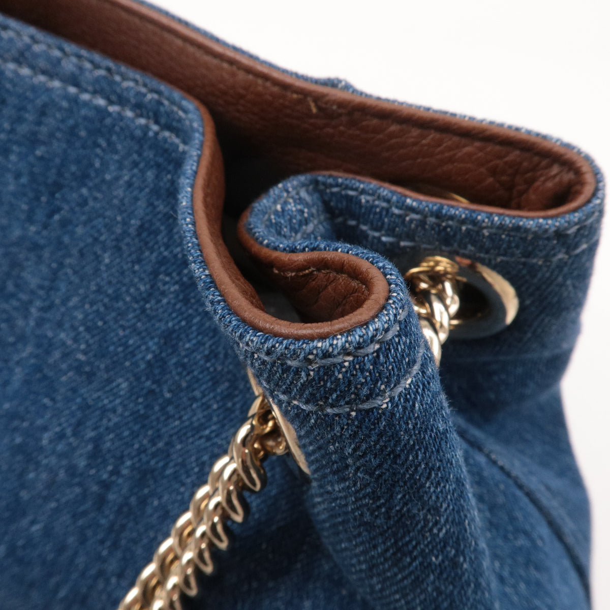 GUCCI SOHO Denim Leather Chain Shoulder Bag Blue Brown 308982