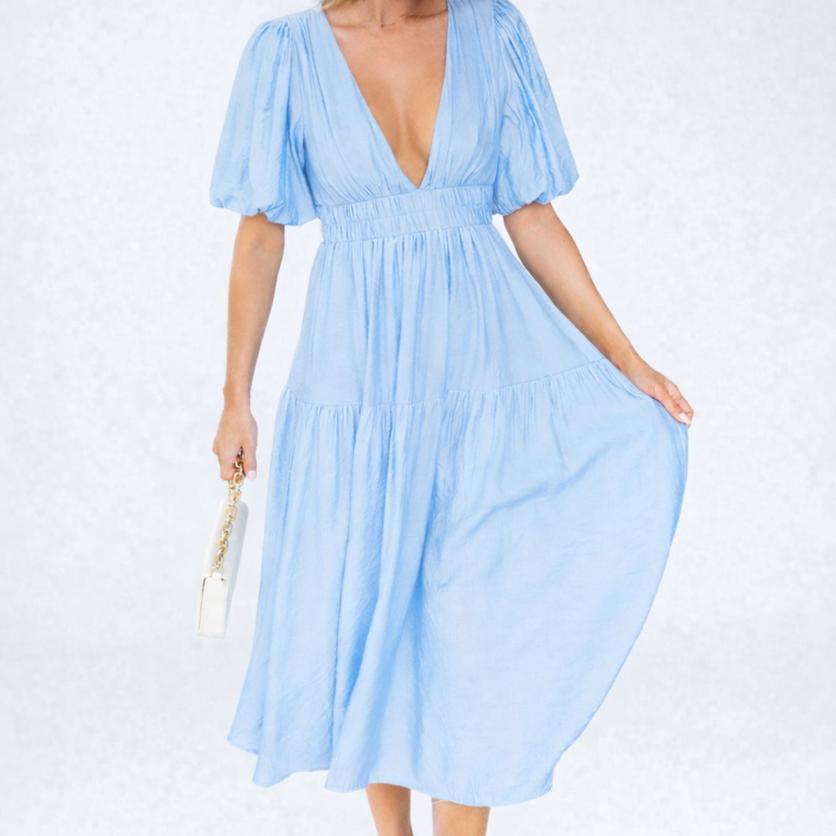 Indie | Midi Dress with V-Neck and Puff Sleeves