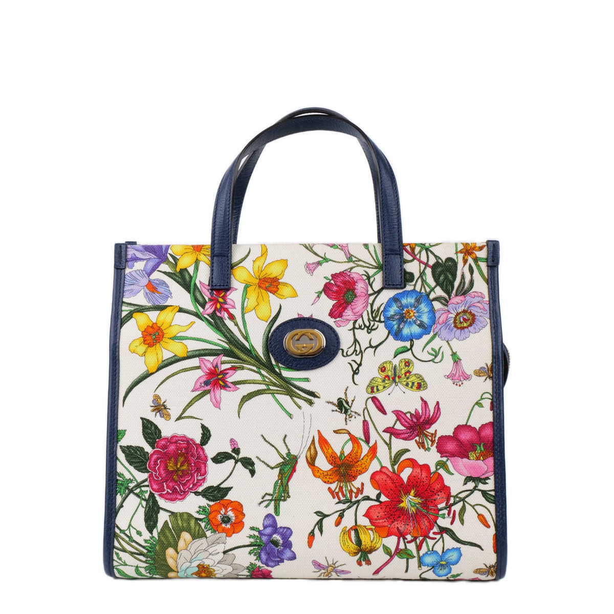 Gucci Floral Canvas Tote with Blue Leather Trim.