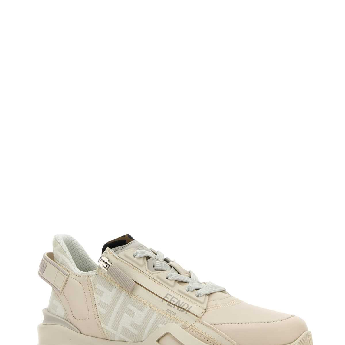 Fendi Women Ivory Leather And Jacquard Fendi Flow Sneakers