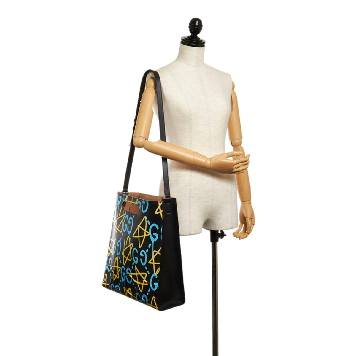 Gucci Ghost Print Star Tote Bag Shoulder 414476 Black Yellow Blue Leather Ladies