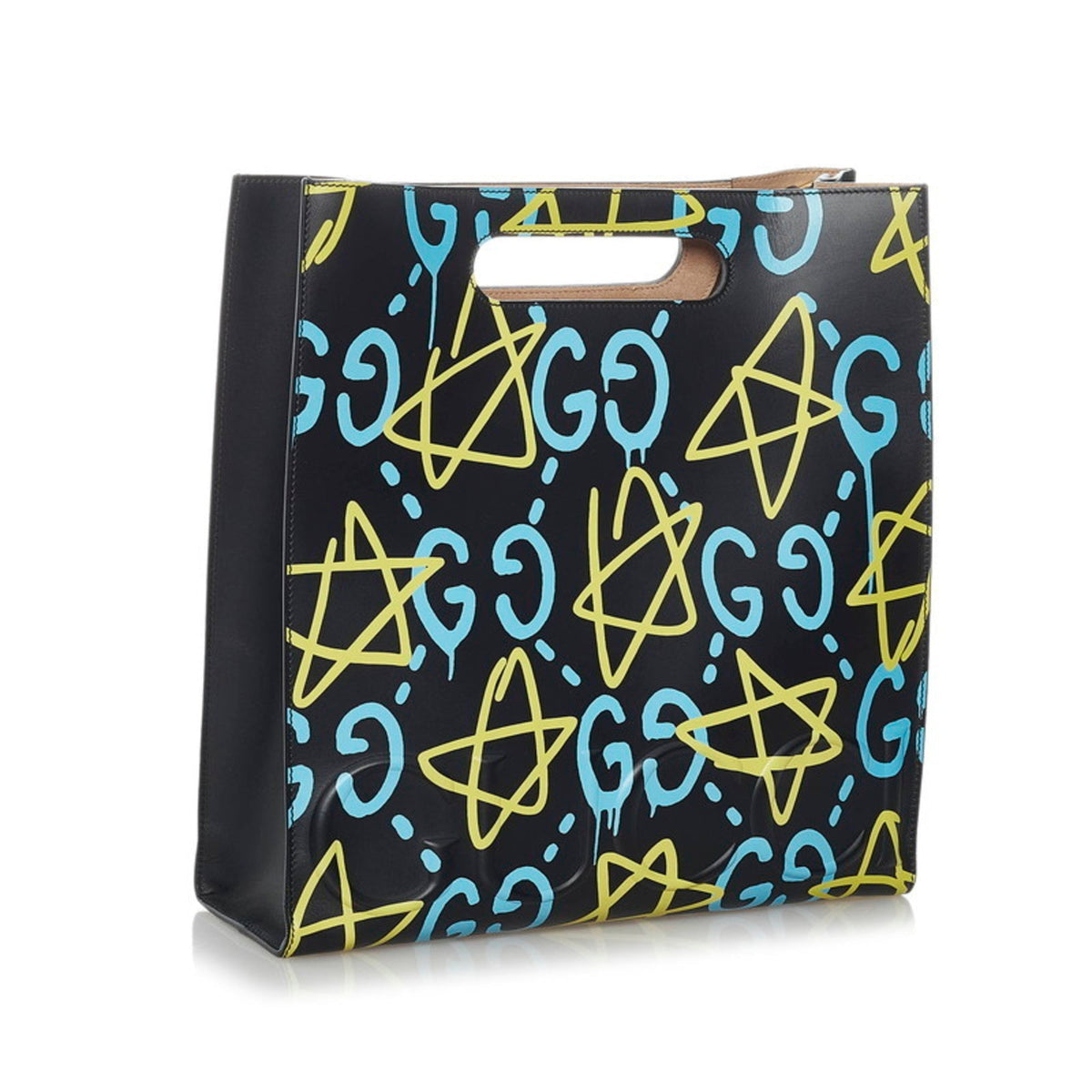 Gucci Ghost Print Star Tote Bag Shoulder 414476 Black Yellow Blue Leather Ladies