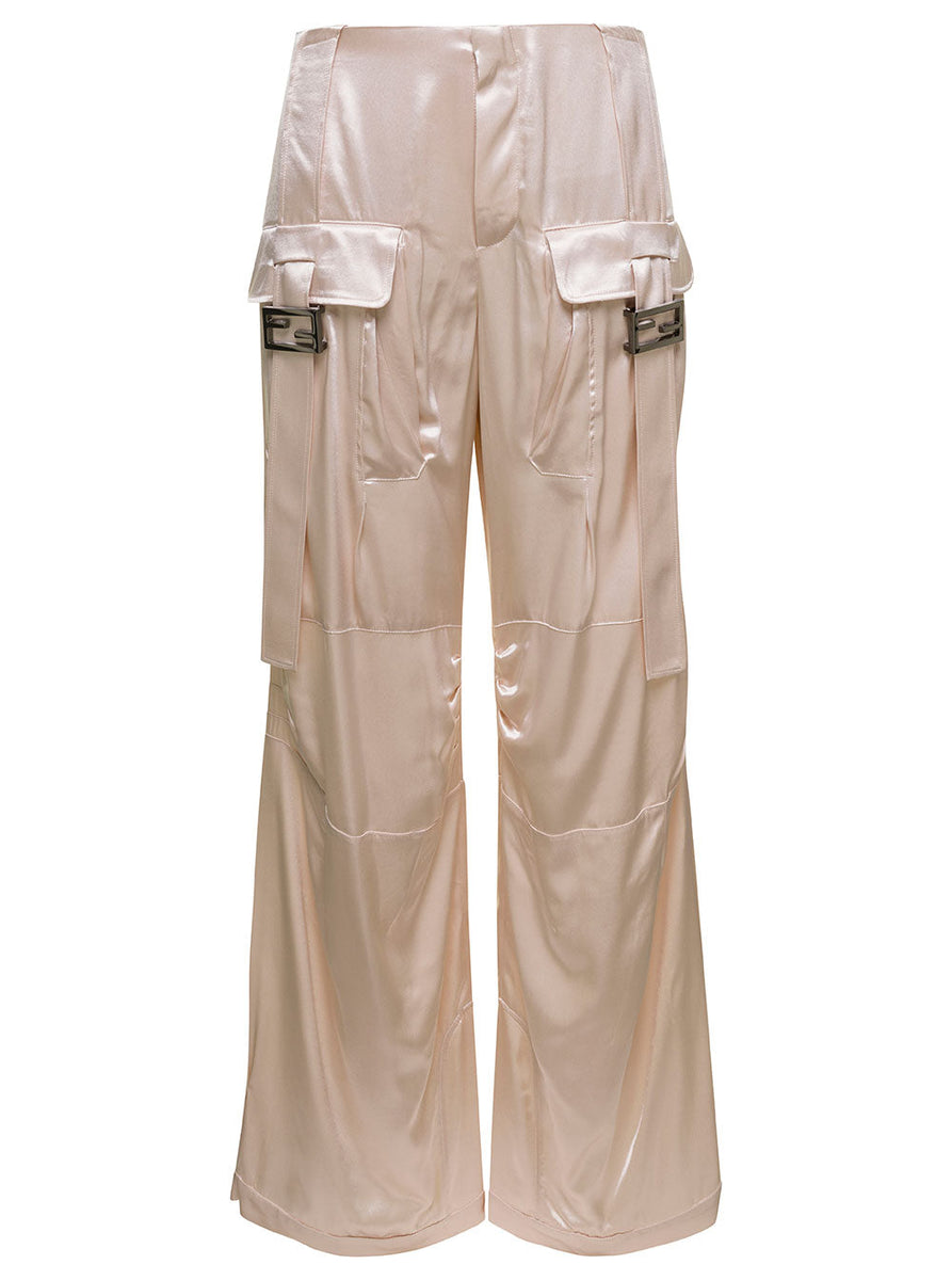 Fendi Women Ivory White Satin Cargo Pants With Ff Baguette Buckles In Viscose Woman