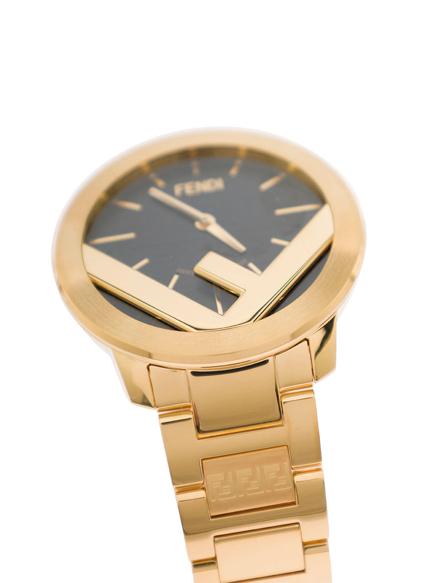 Fendi Men Gold-Colored Round Watch With F Insert And Black Ff Print In Stainless Steel Man