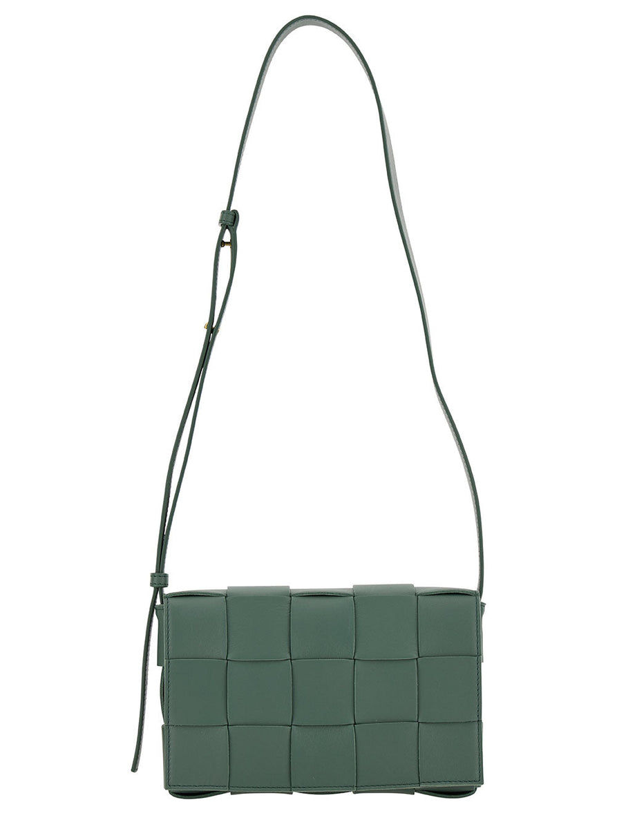 Bottega Veneta Women 'Cassette' Green Crossbody Bag With Intreccio Motif In Leather Woman
