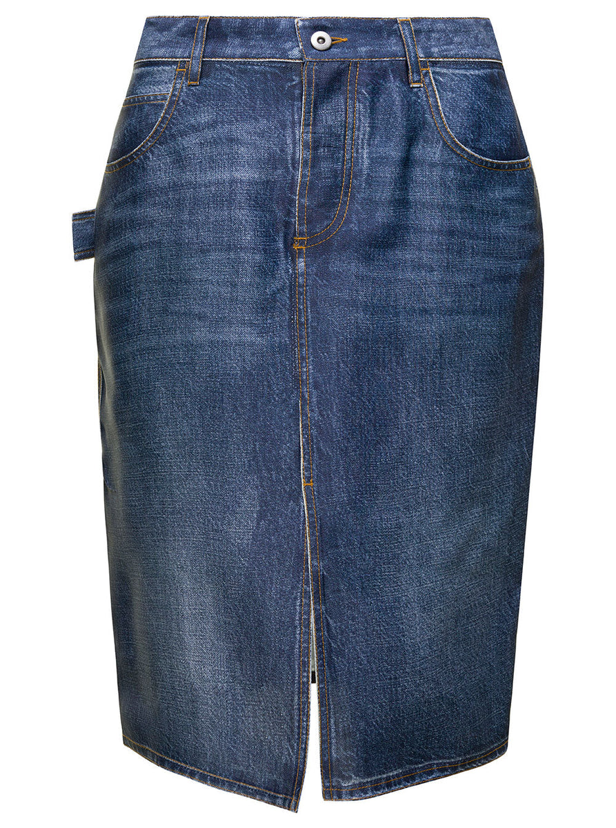 Bottega Veneta Women Midi Blue Skirt With Logo Ptahc In Denim Printed Silk And Viscose Woman