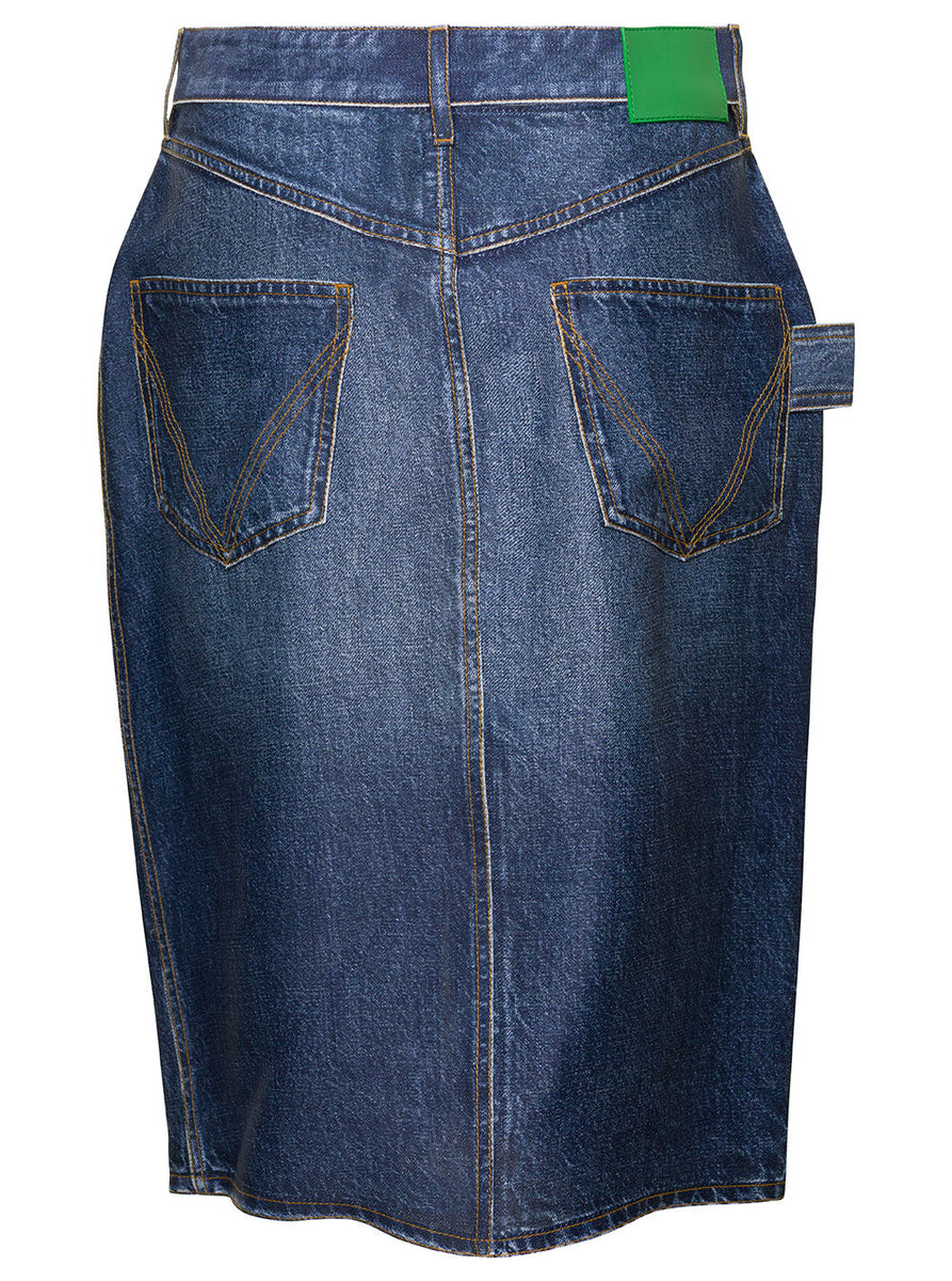 Bottega Veneta Women Midi Blue Skirt With Logo Ptahc In Denim Printed Silk And Viscose Woman