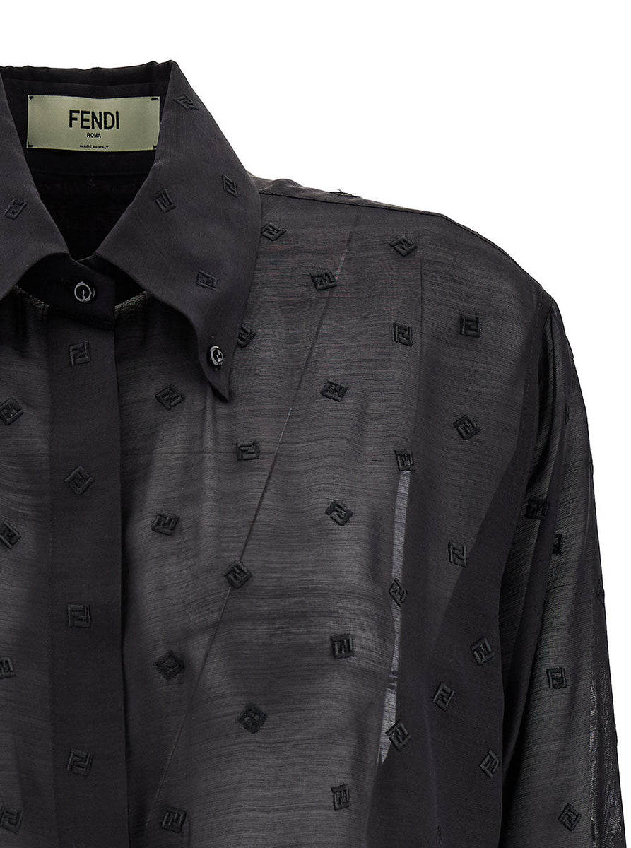 Fendi Women Black Shirt With Ff Logo Embroideries In Silk And Wool Woman