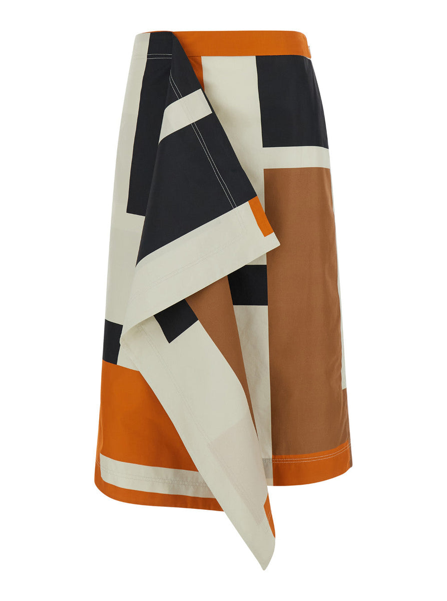 Fendi Women Orange And Black Long Skirt With Draped Panel  In Cotton Woman