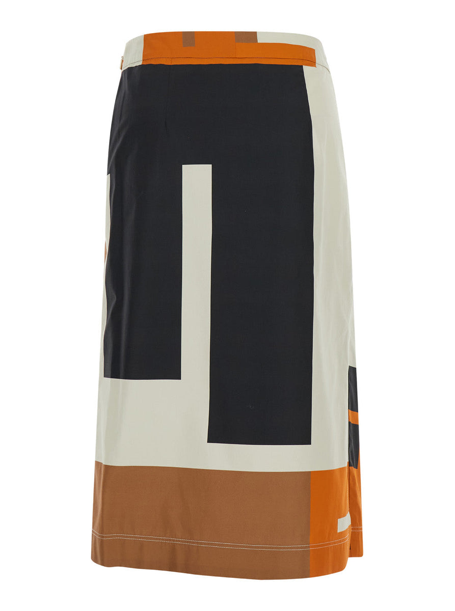 Fendi Women Orange And Black Long Skirt With Draped Panel  In Cotton Woman