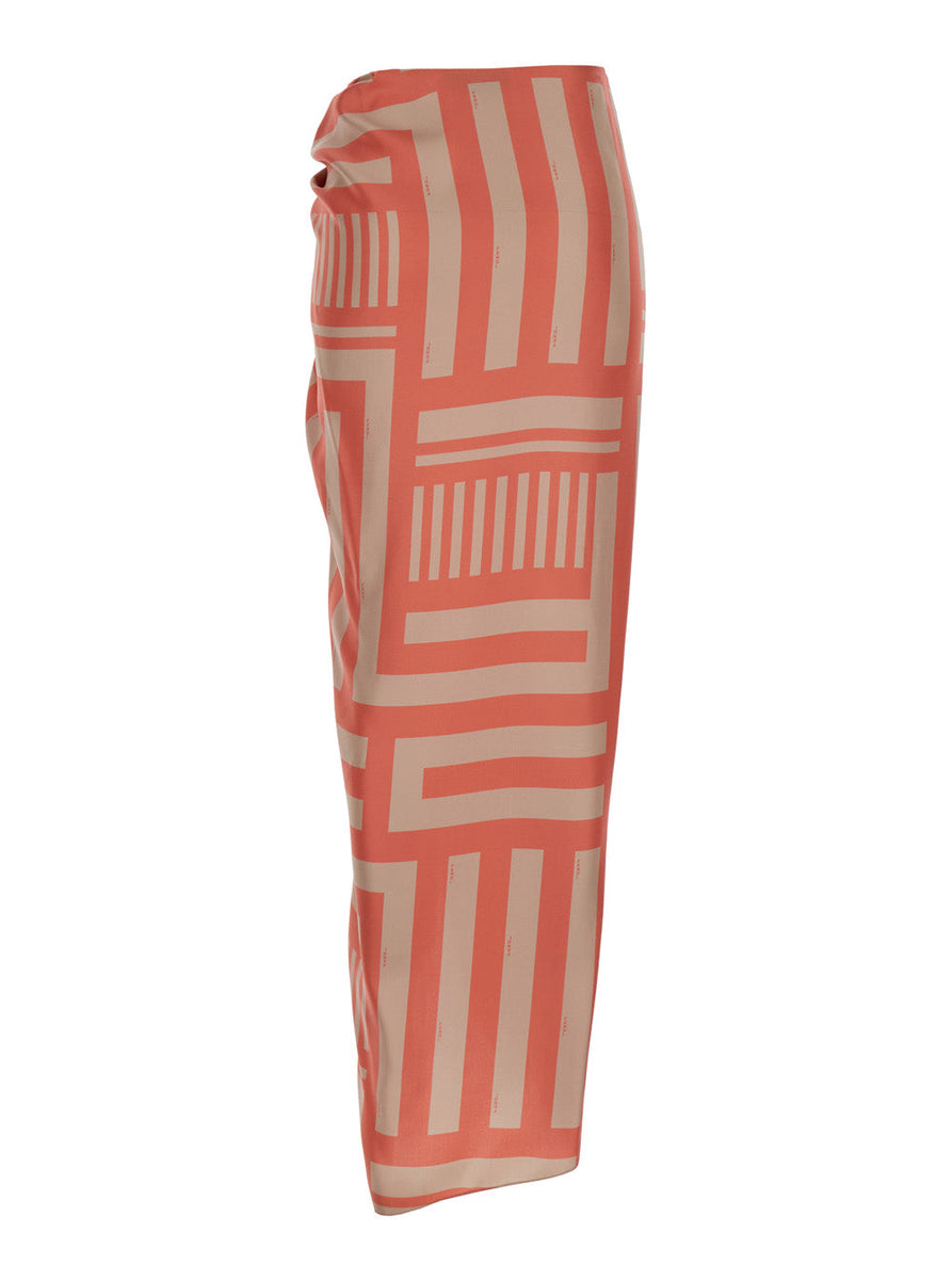 Fendi Women Midi Orange Skirt With Knot And Fendi Labyrinth Motif In Silk Woman