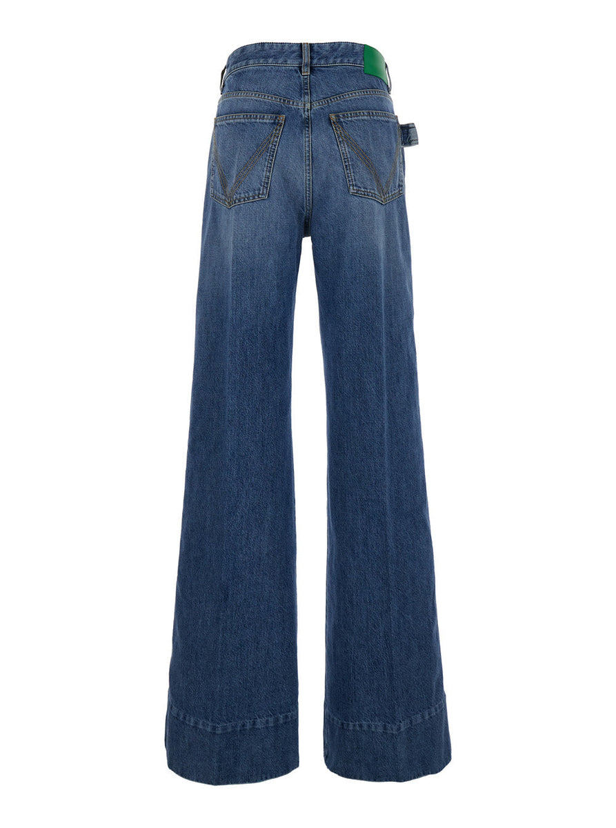 Bottega Veneta Women Blue Palazzo Pants With Logo Patch In Denim Woman
