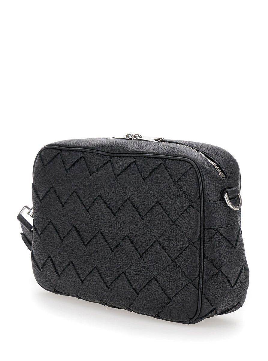 Bottega Veneta Men 'Messenger Medium' Black Crossbody Bag With Intreccio Motif In Hammered Leather Man
