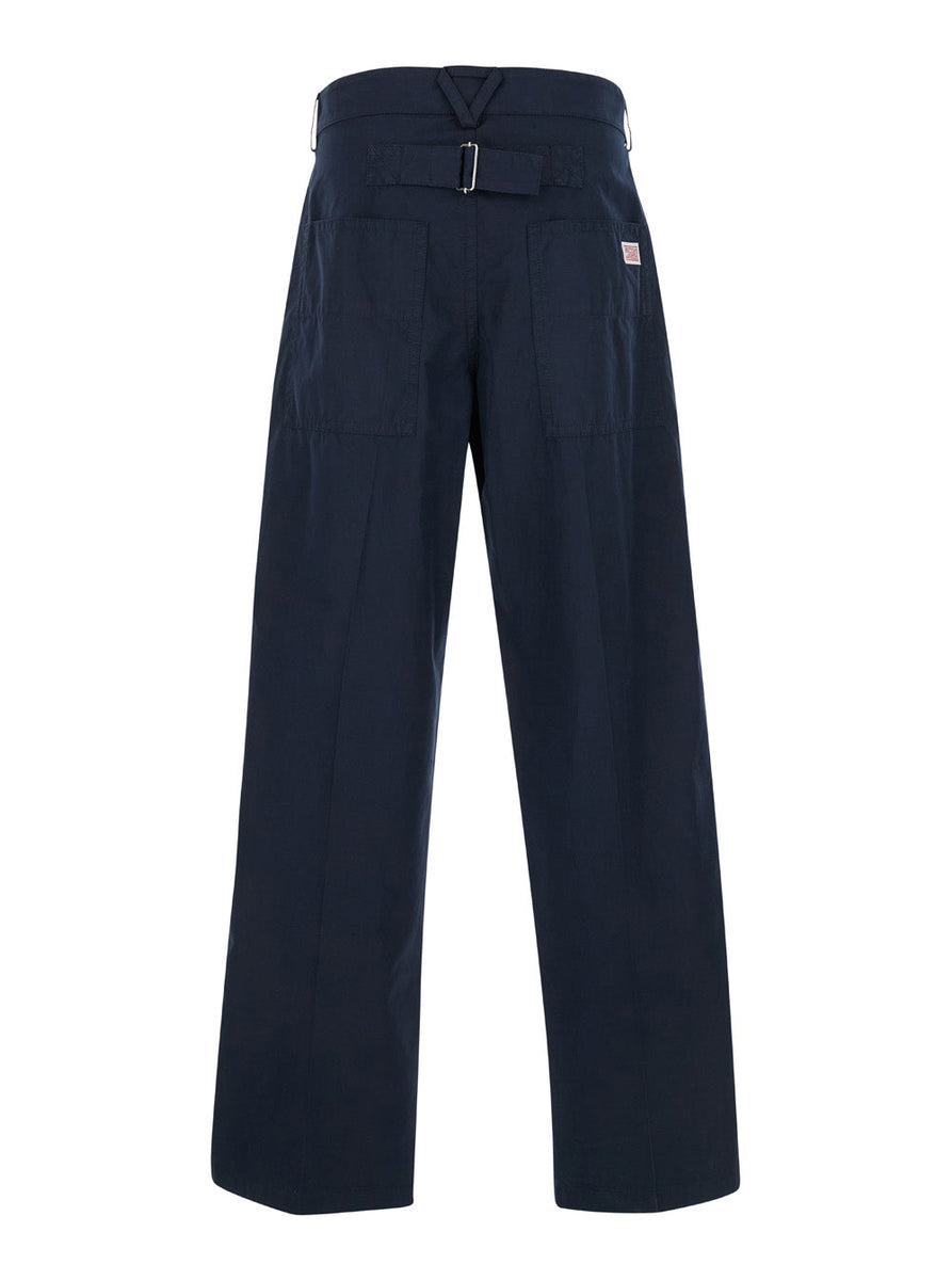 Bottega Veneta Men Blue Straight Leg Pants With Logo Patch In Cotton Man