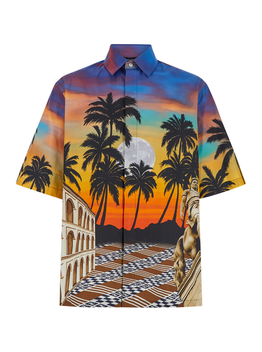 Fendi Men Multicolor Shirt With Classic Collar And All-Over Summer In Rome Print In Cotton Man