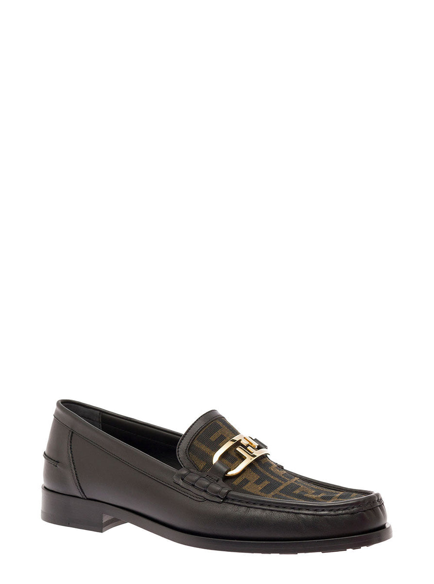Fendi Men Black Loafers With Ff Logo Plaque And All-Over Ff Motif In Leather Man